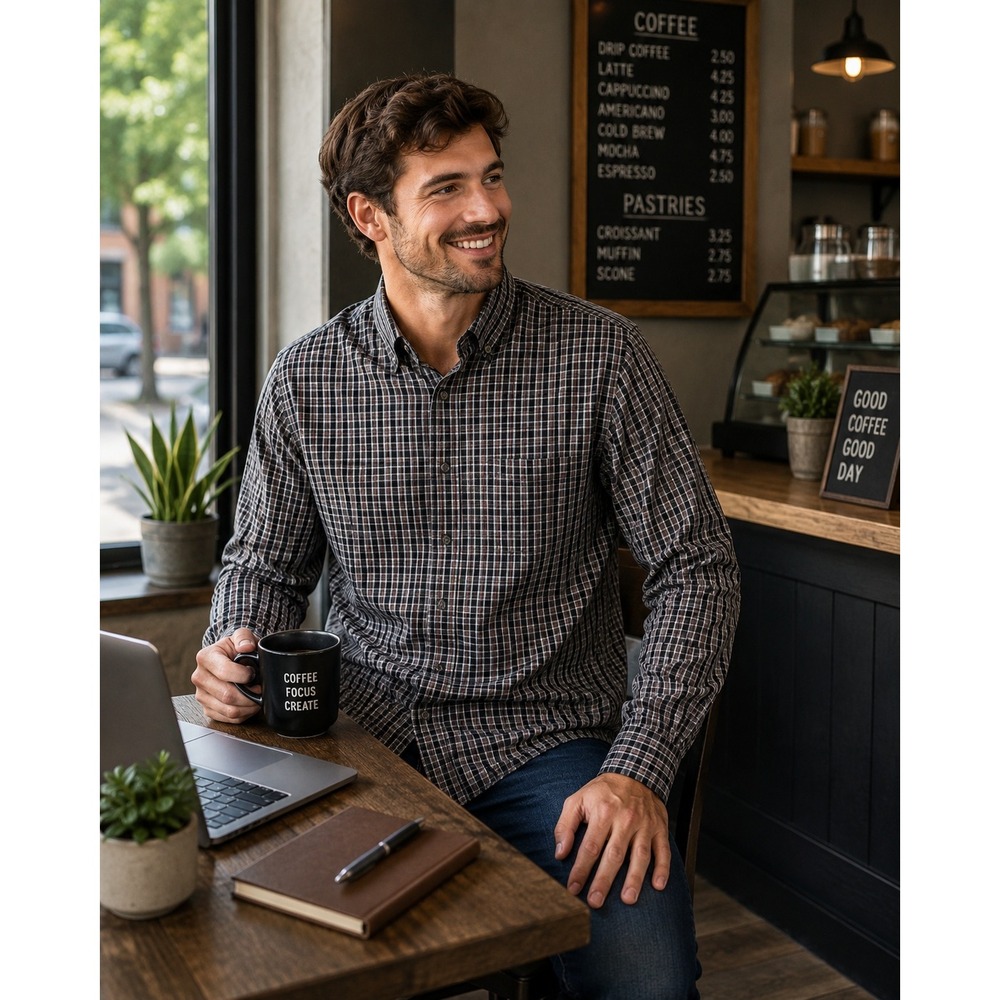 Michael Brandon Grey and Black Plaid Button-Down Shirt Modern Fit Large L